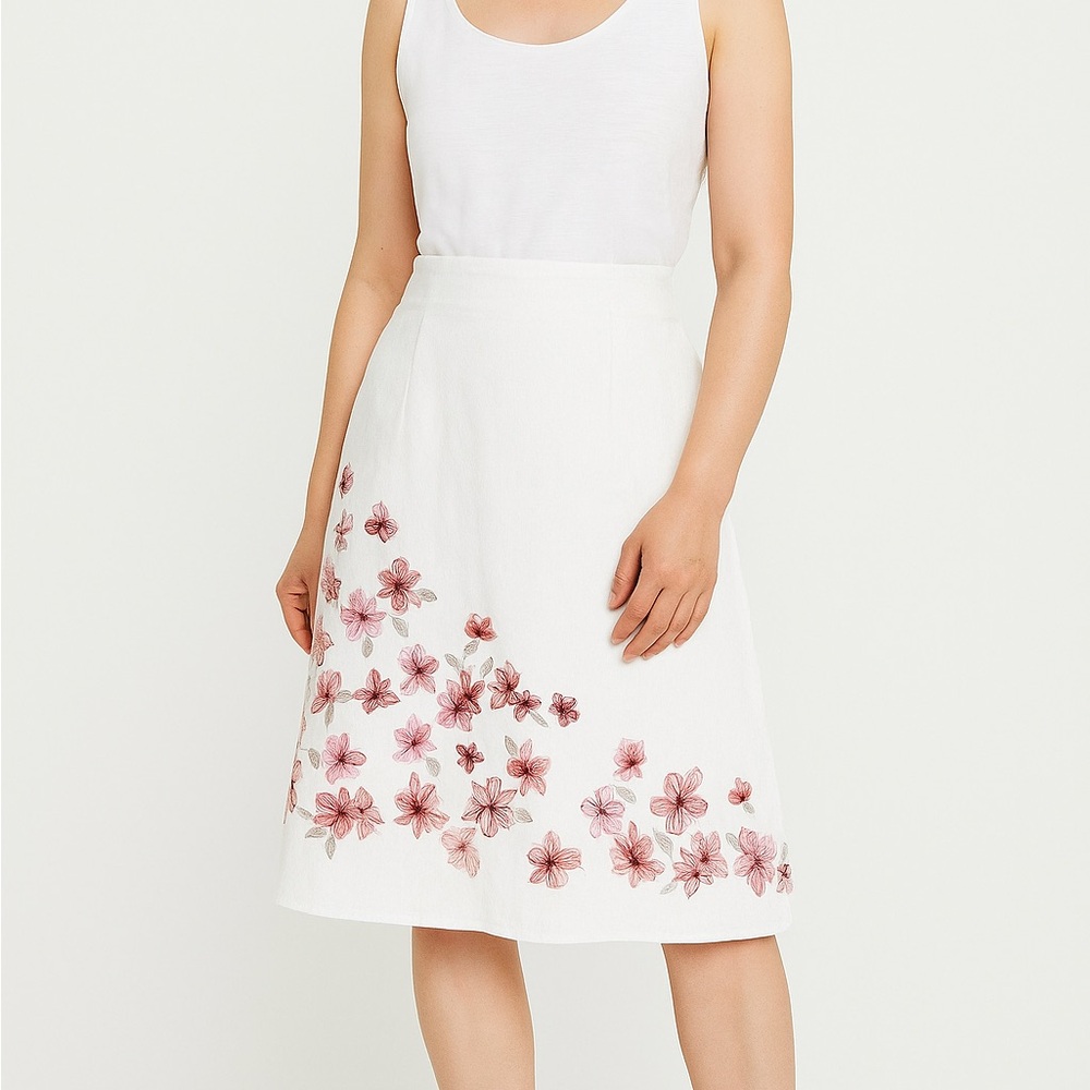 Ann Taylor Elegant White linen skirt with Floral Accents